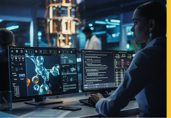 A woman sits in front of monitors and looks at a 3D rendering of a molecule while researchers stand near a quantum computer in the background.